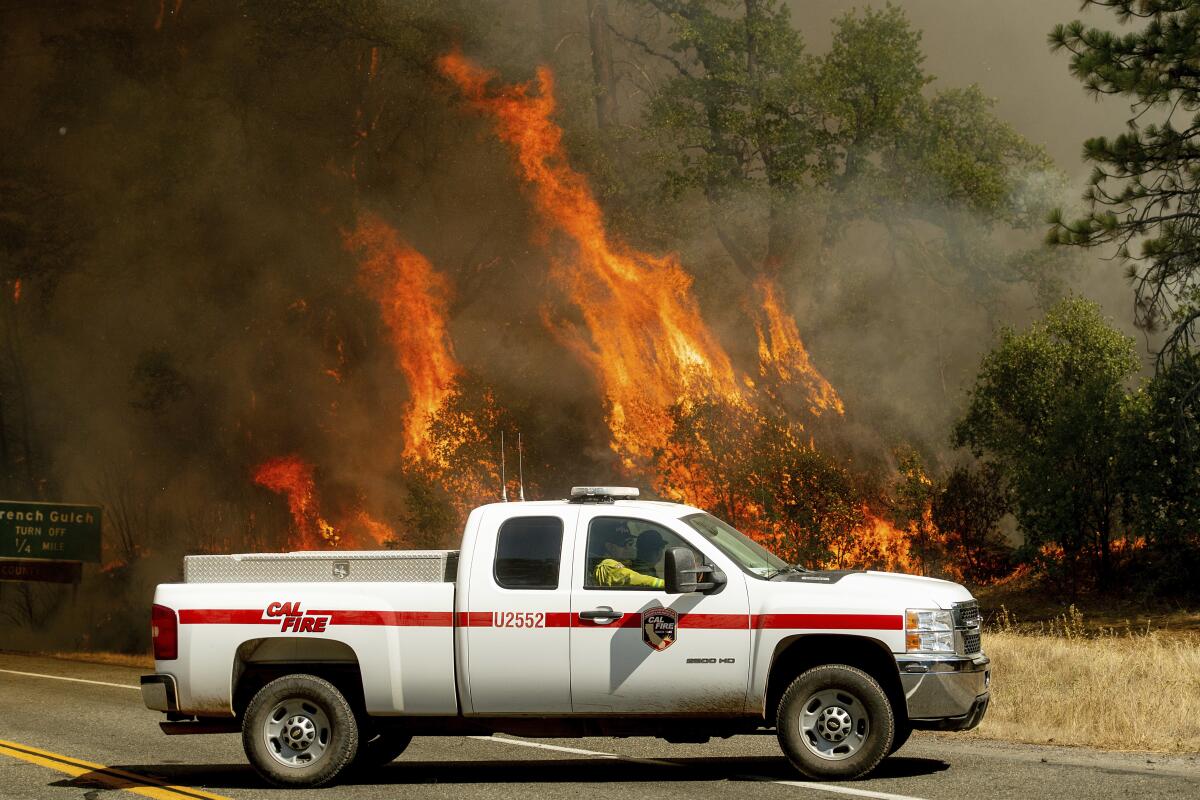Flames burn trees behind a Cal Fire pickup truck on a road