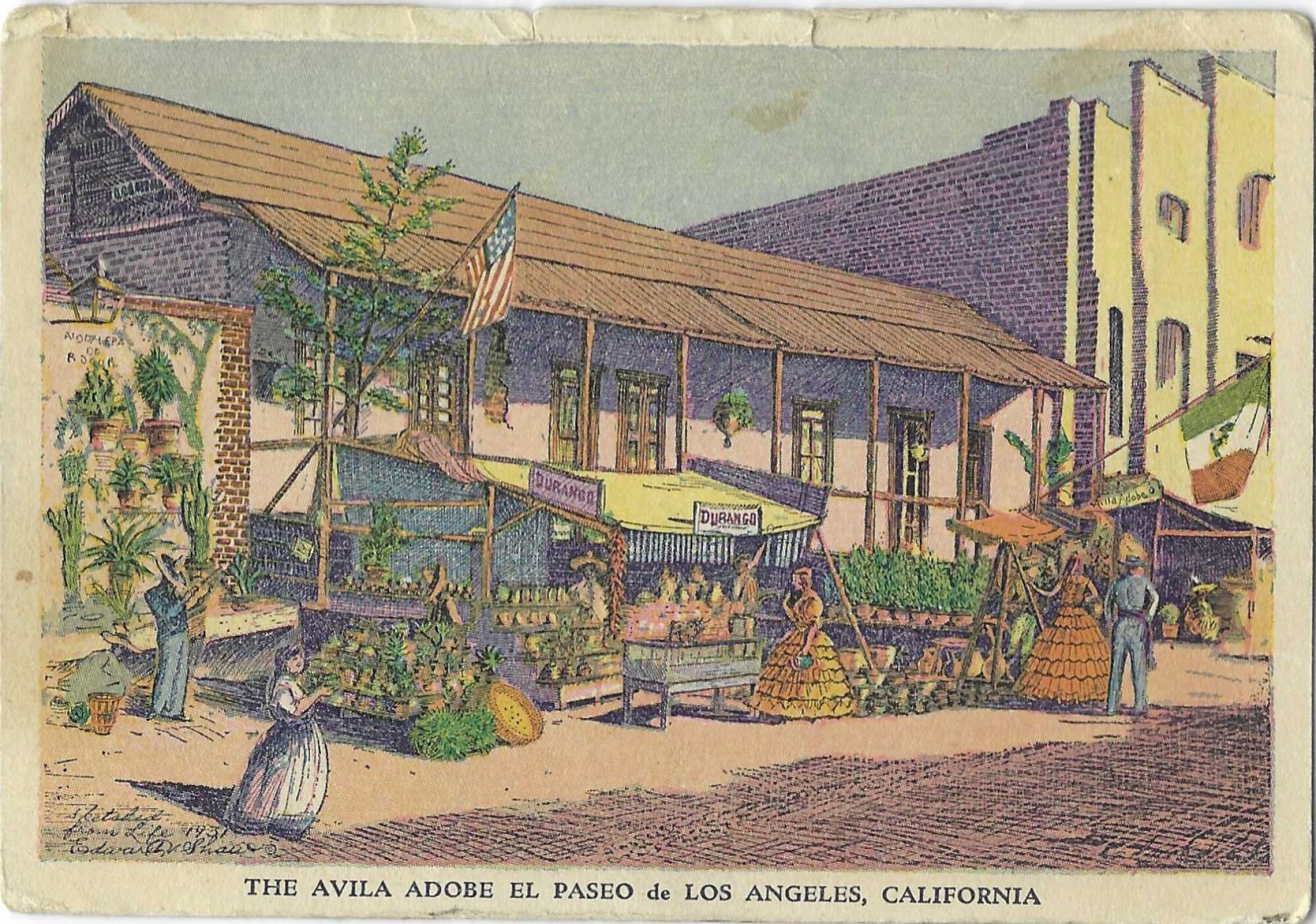 A vintage postcard shows American and Mexican flags flying on Olvera Street, in front of Avila Adobe.