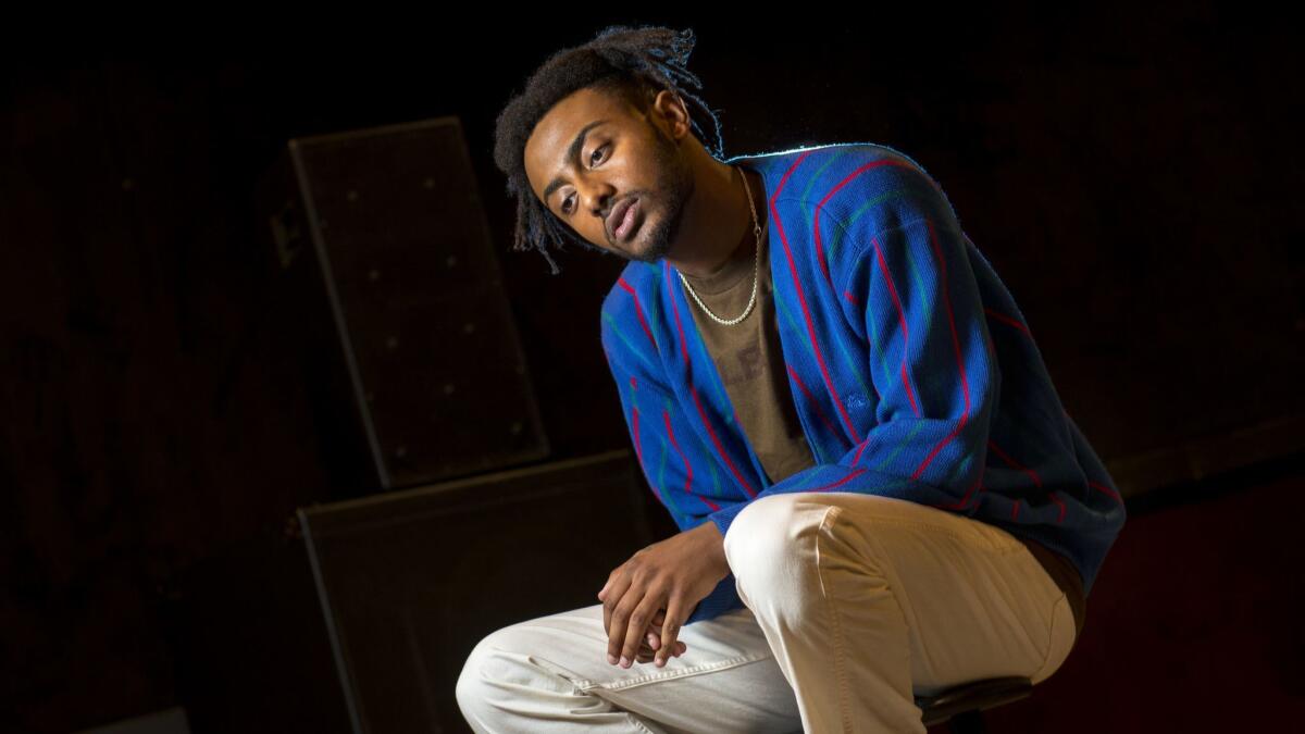 Rapper Aminé is shown during rehearsal with his band for his Coachella performances at Siren Studios in Hollywood on April 3. Aminé, whose parents are Ethiopian and Eritrean, grew up in Portland, but now calls L.A. home.