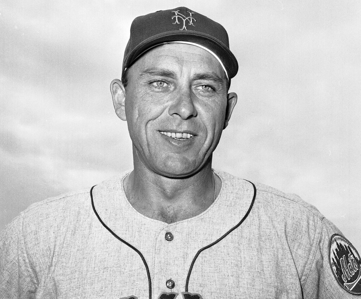 FILE - New York Mets' Gil Hodges smiles in March 1963. Their 50-year wait over, the family of Gil Hodges is as relieved to see the patriarch selected to the Baseball Hall of Fame as they are grateful for the opportunity it provides kin he never met to understand the impact he made on baseball in New York City. Hodges was finally elected to the Hall of Fame in December 2021 by a special committee, ending half a century of waiting that included several close calls.(AP Photo/Harry Harris, File)