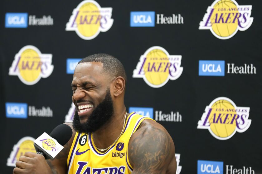 EL SEGUNDO, CA - SEPTEMBER 26, 2022: LeBron James is interviewed during Lakers Media Day at UCLA Health Training Center in El Segundo on Monday, September 26, 2022. (Christina House / Los Angeles Times)
