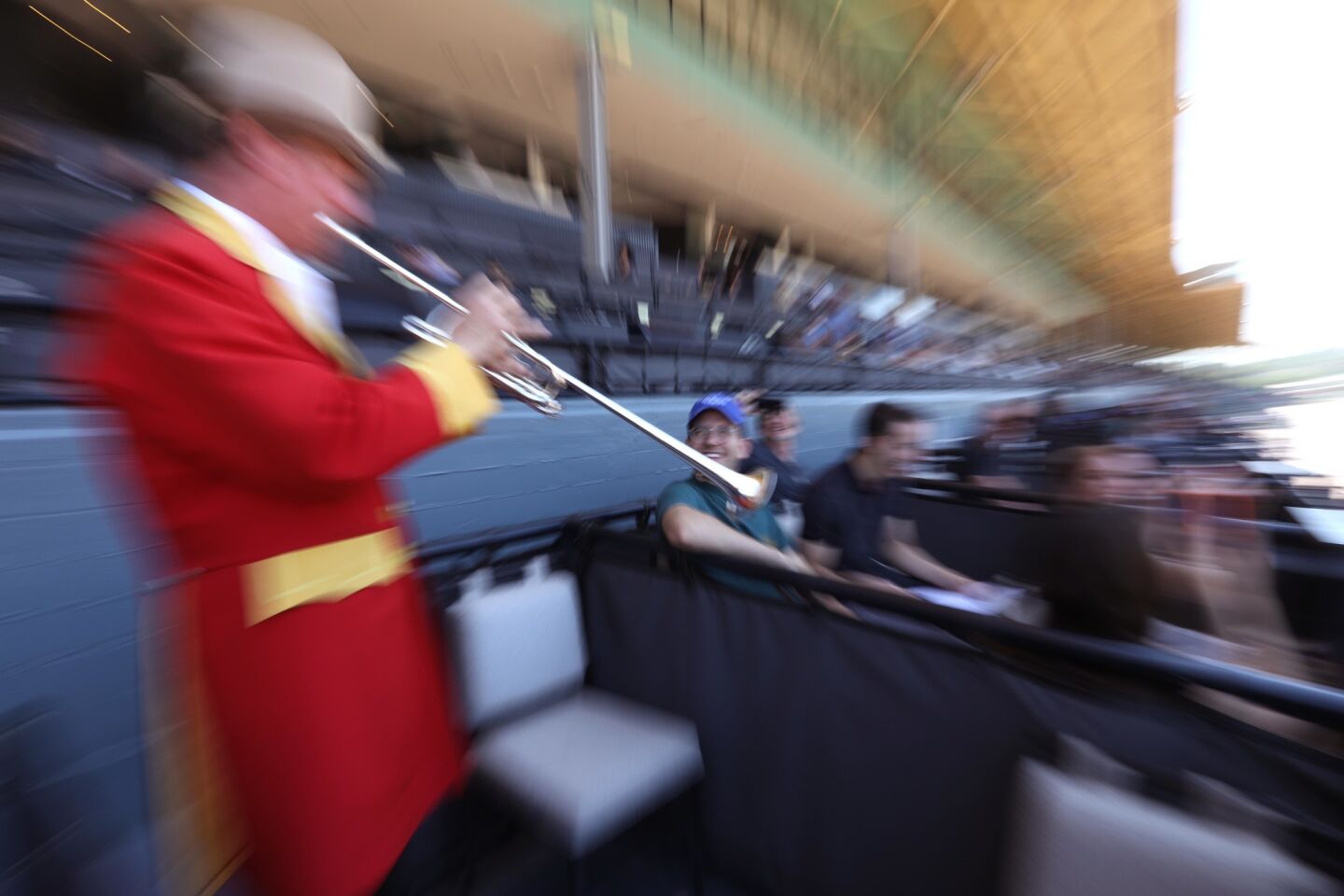 Bugler Jay Cohen, 63, plays for the fans during the final day of the season at Santa Anita Park in Arcadia on June 23.