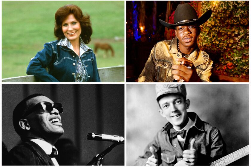 In 2019, country music has a raging identity crisis. For Ken Burns, that's a 100-year-old story. From bottom going clockwise: Ray Charles, Loretta Lynn, Lil Nas X, and Jimmie Rodgers. CREDITS: Express Newspapers/Getty Images(Charles), Michael Ochs Archives/Getty Images(Lynn),Matt Winkelmeyer/Getty Images /Getty Images(Lil Nas X), BMI/Michael Ochs Archives/GettyImages(Rodgers)