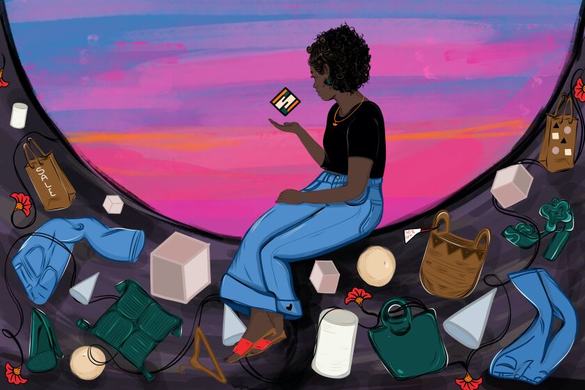 illustration of a Black woman looking at a colorful, minimal shape while sitting with many items strewn about her feet.