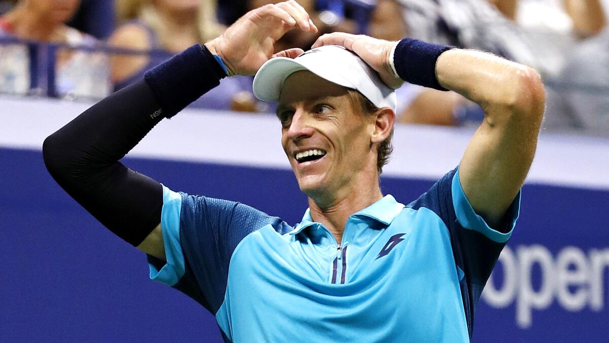 Kevin Anderson, of South Africa, reacts after beating Pablo Carreno Busta, of Spain, during the semifinals of the U.S. Open tennis tournament, Friday, Sept. 8, 2017, in New York. (AP Photo/Adam Hunger)