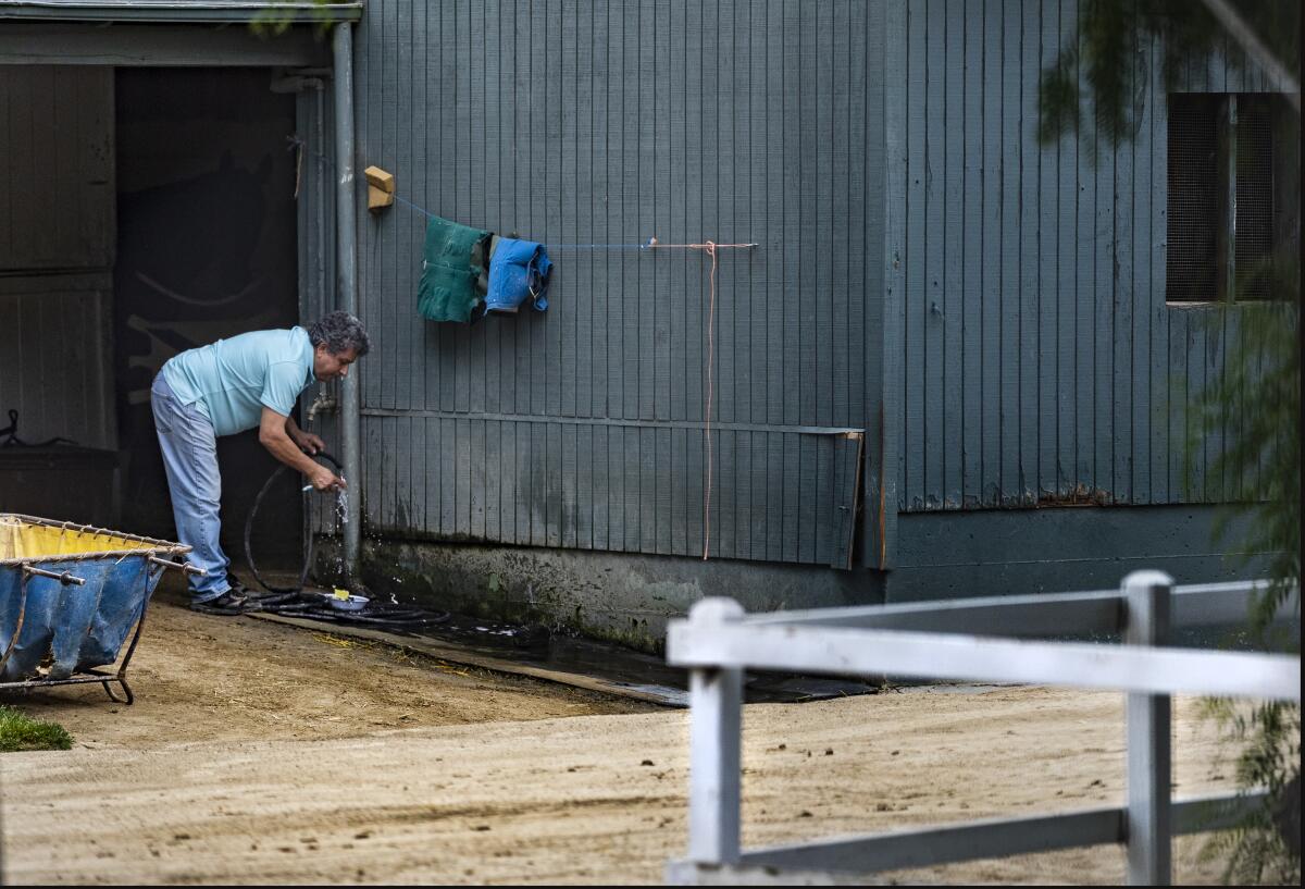 A backstretch worker rinses out his toothbrush in a stable doorway at Santa Anita Park on Saturday.