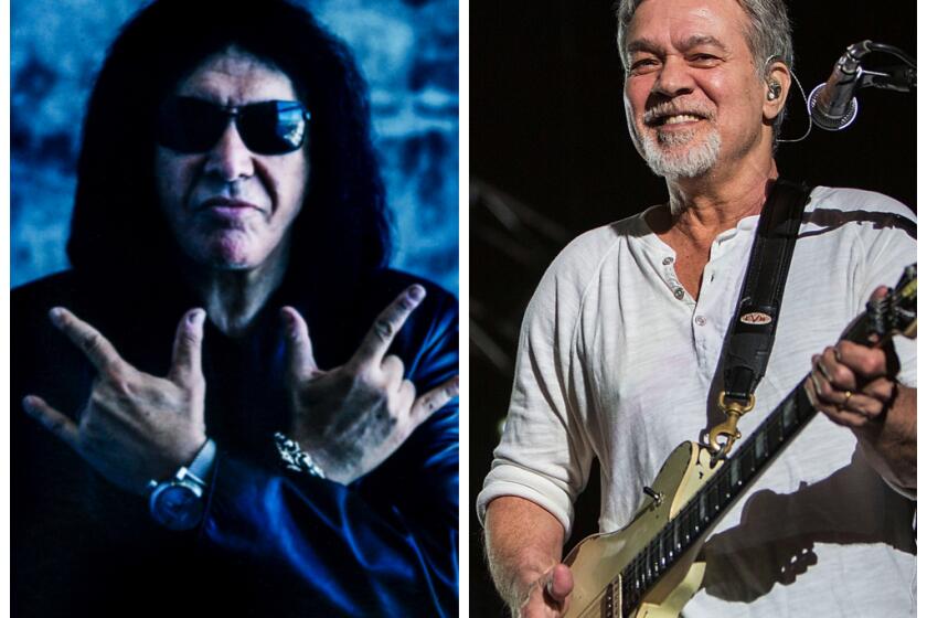 Gene Simmons from "Kiss" and Eddie Van Halen from "Van Halen." Credit: Jay L. Clendenin / Los Angeles Times;Daniel Knighton/Getty Images