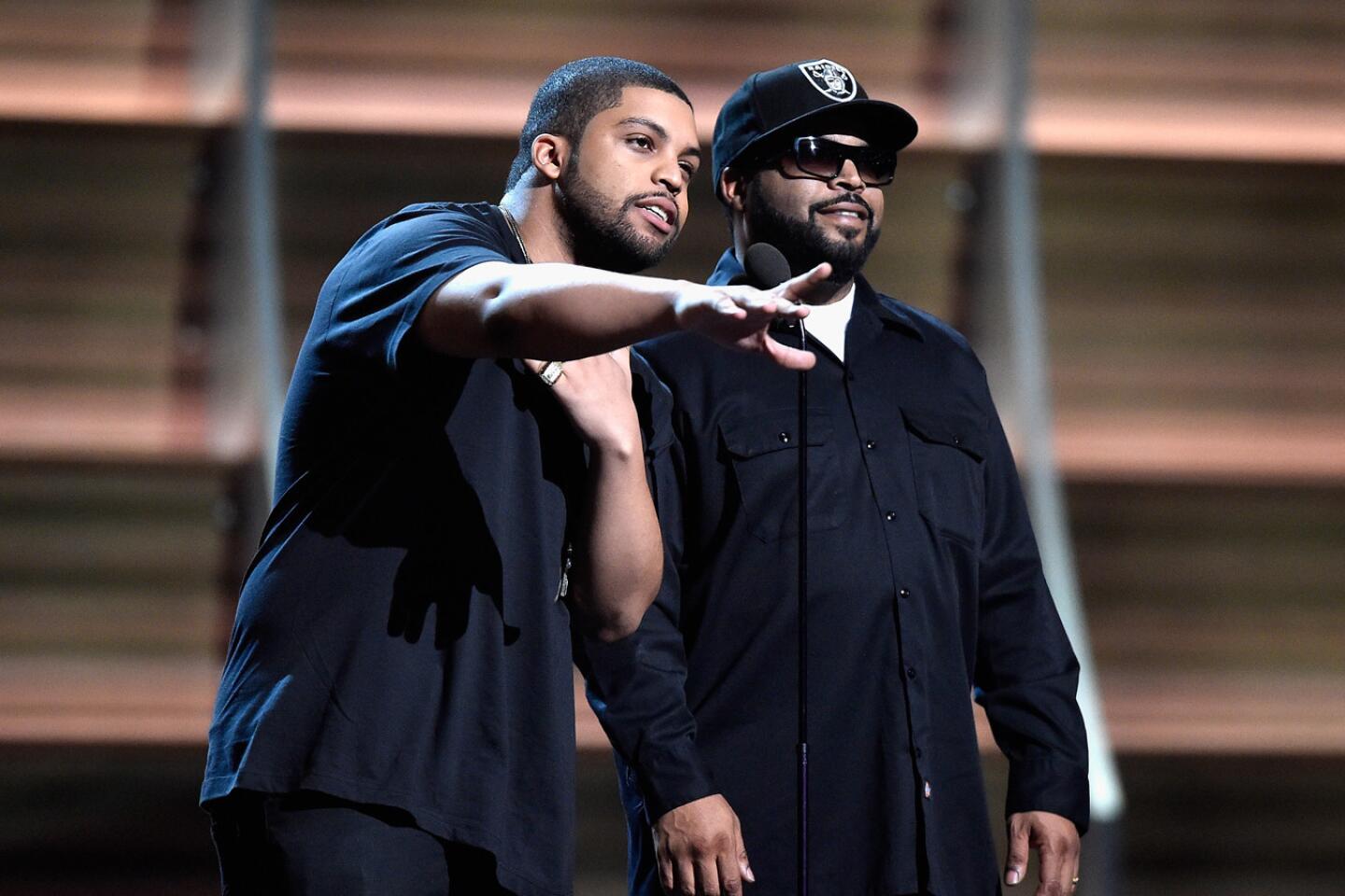 Actor O'Shea Jackson, left, and rapper/actor Ice Cube announce the nominees for rap album.
