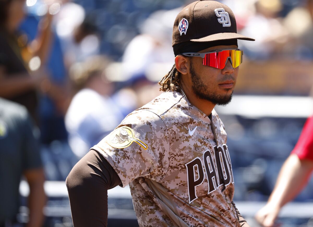 Padres catcher Luis Campusano looks on during a game against the Los Angeles Dodgers.