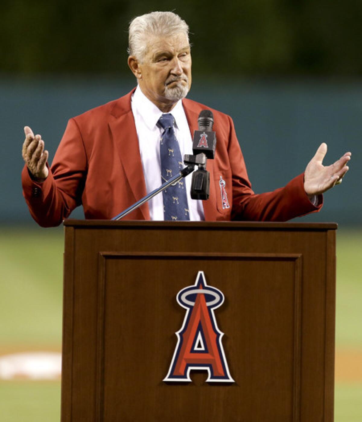 Former Angels second baseman Bobby Knoop speaks during his Hall of Fame induction ceremony Thursday night in Anaheim.