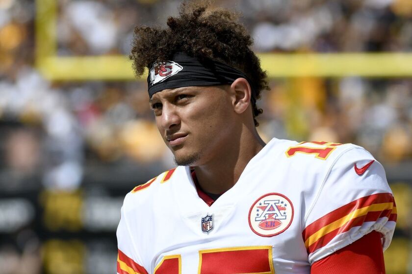 Kansas City Chiefs quarterback Patrick Mahomes (15)during an NFL football game against the Pittsburgh Steelers, Sunday, Sept. 16, 2018, in Pittsburgh. (AP Photo/Don Wright)