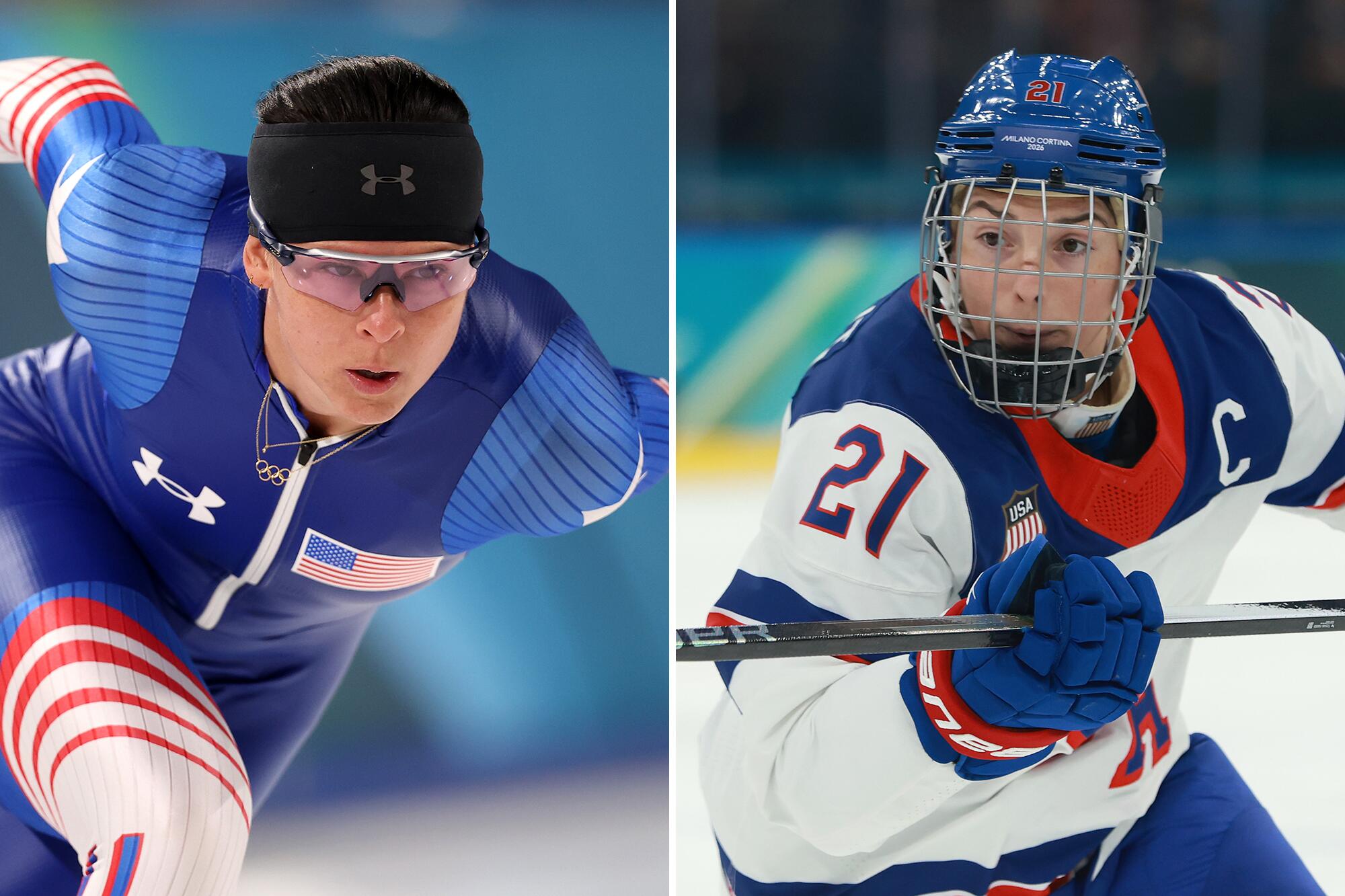 U.S. Olympic athletes Brittany Bowe and Hilary Knight in side by side photos.