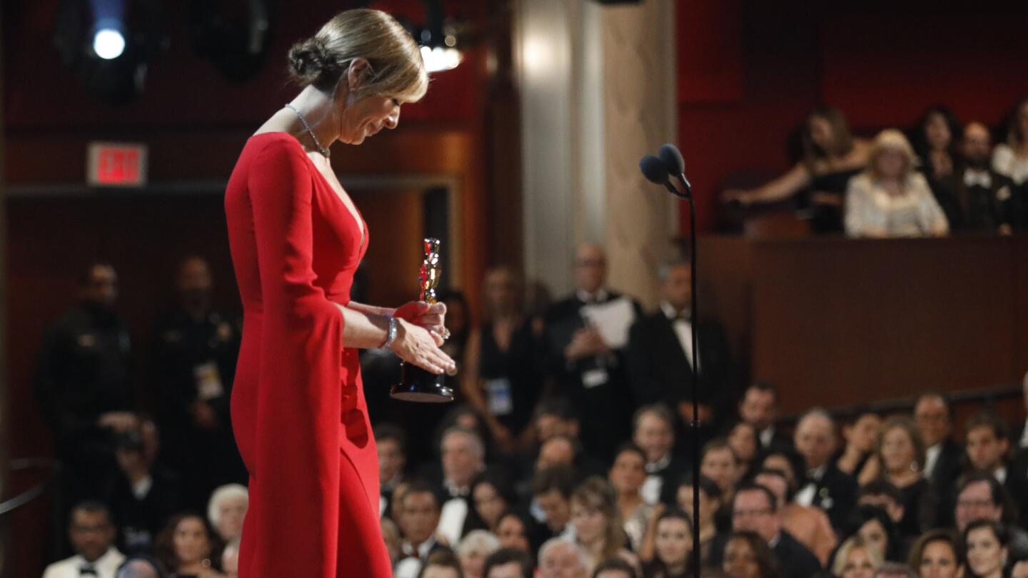Allison Janney onstage after Janney won for best supporting actress for "I, Tonya," from backstage at the 90th Academy Awards on Sunday at the Dolby Theatre in Hollywood.