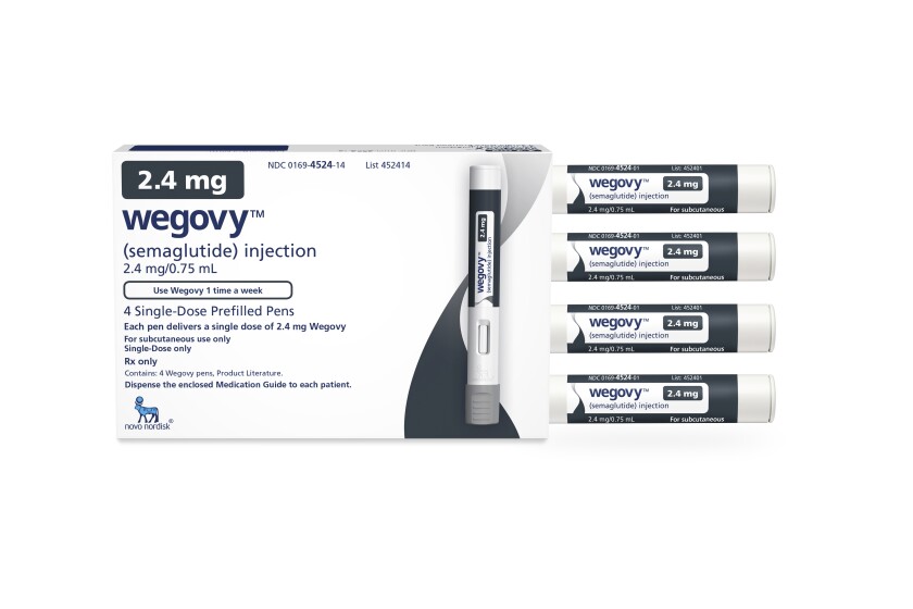 This image provided by Novo Nordisk on Friday, June 4, 2021 shows a package of injection pens for the company's semaglutide medication, named Wegovy. On Friday, the Food and Drug Administration said this new version of a popular diabetes medicine could be sold as a weight-loss drug in the U.S. (Novo Nordisk via AP)