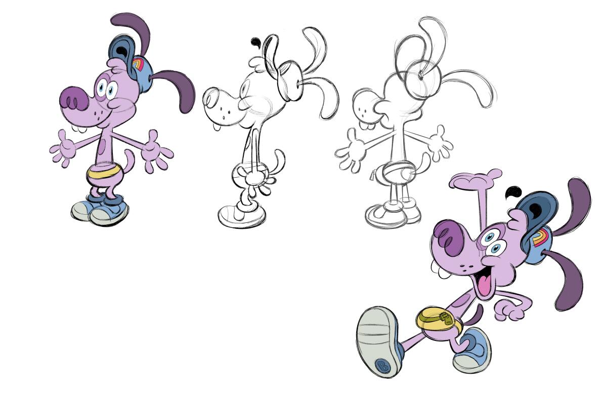 Sketches of a purple talking dog.