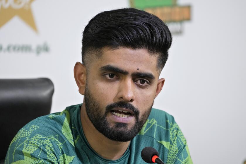 Pakistan's cricket team skipper Babar Azam speaks during a press conference regarding up coming Twenty20 series against Ireland, England and T20 World Cup, in Lahore, Pakistan, Monday, May 6, 2024. (AP Photo/K.M. Chaudary)