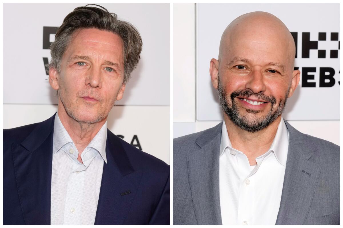 Separate photos of Andrew McCarthy, left, and Jon Cryer in jackets and open-collar shirts