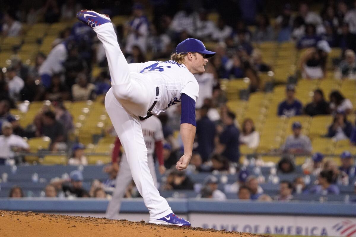 Dodgers relief pitcher Craig Kimbrel delivers against the Arizona Diamondbacks on Monday.