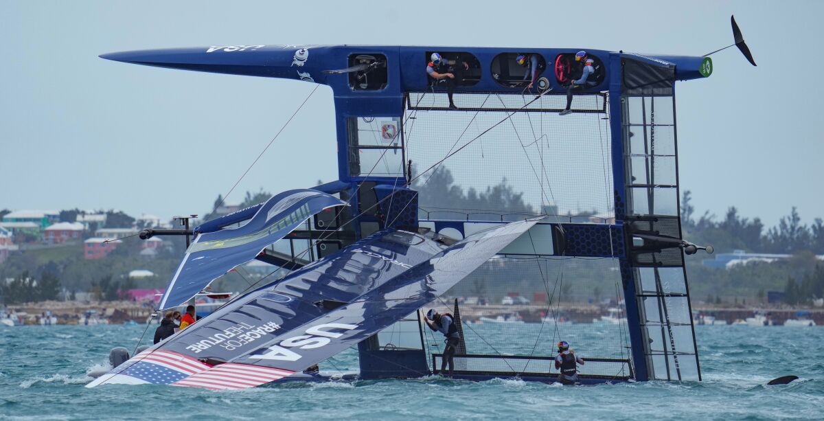 USA SailGP Team, helmed by Jimmy Spithill, capsized during the first race on race day 2 of Bermuda SailGP, on April 25, 2021.