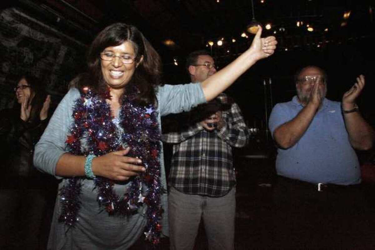 Former Burbank mayor and Measure S campaign manager Marsha Ramos makes a speech during election night.
