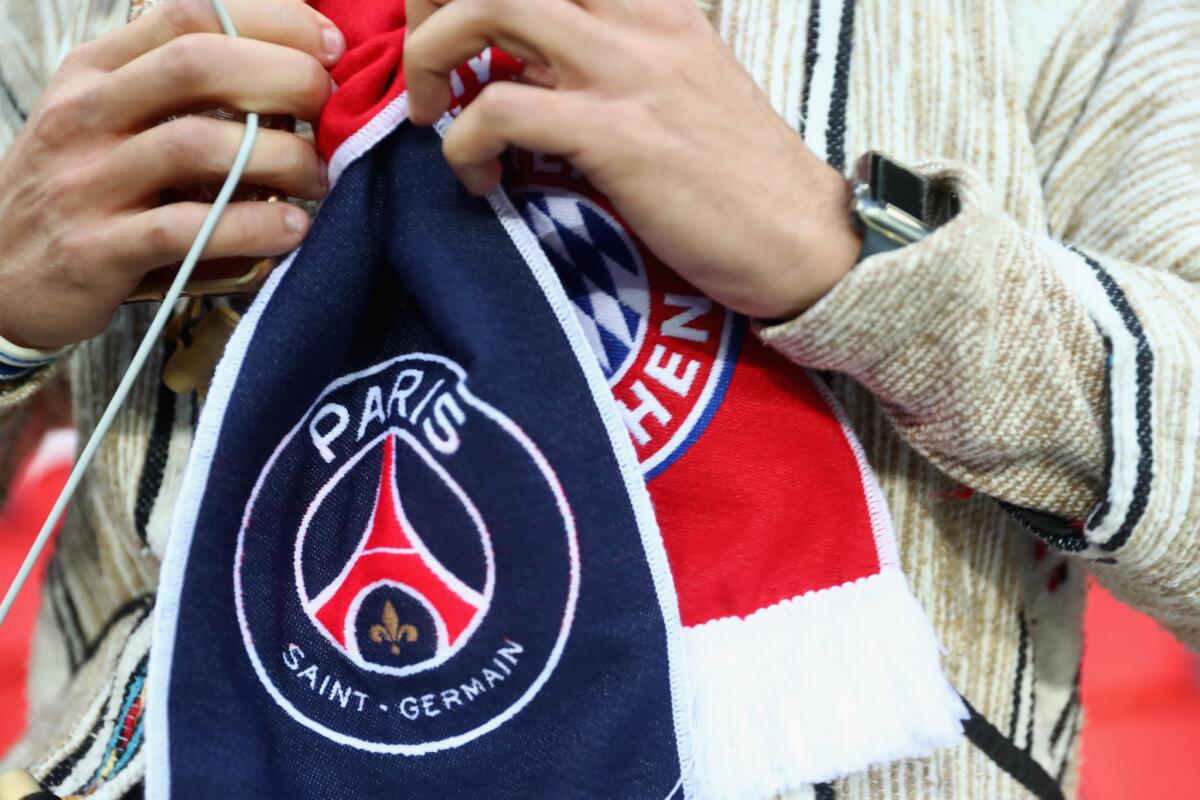 A detailed view of a fan's scarf prior to the UEFA Champions League group B match between Paris Saint-Germain and Bayern Muenchen on Sept. 27, 2017 in Paris.