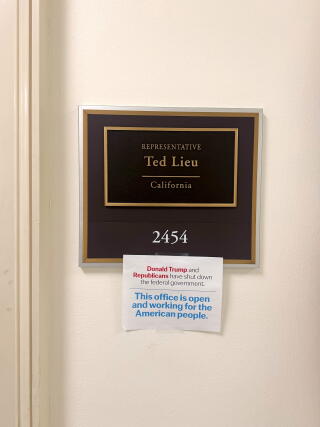 A sign is posted outside of the office of Rep. Ted Lieu, a California Democrat, in Washington.