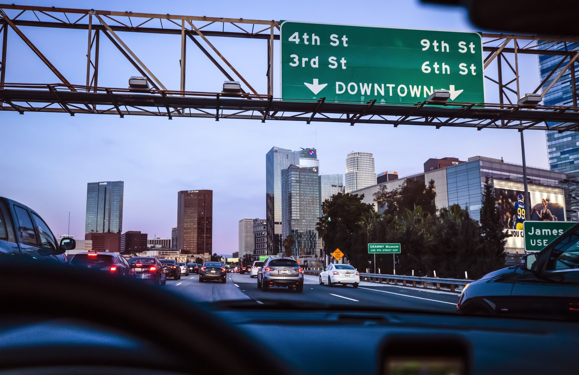 The view of downtown L.A. from the 110 freeway between the 10 and the 101.
