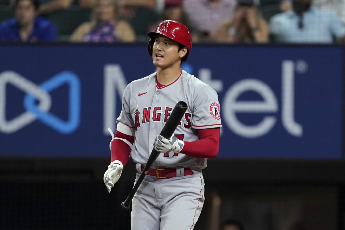 Angels' Shohei Ohtani reacts to striking out.
