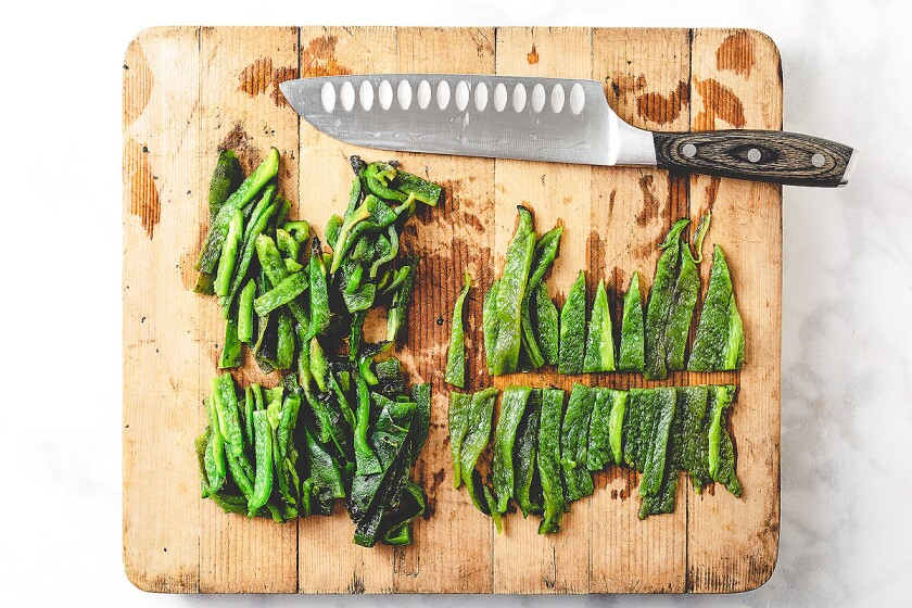 Strips of roasted poblano peppers.