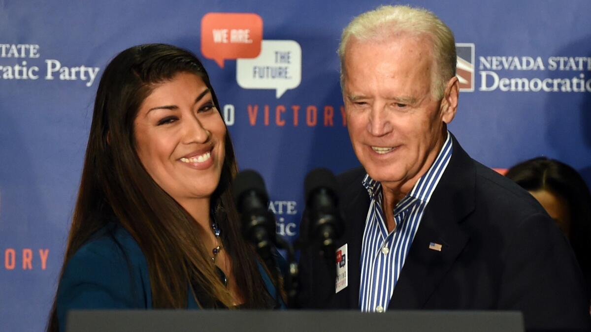 Then-Nevada Assemblywoman Lucy Flores introduces Joe Biden at a 2014 get-out-the-vote rally in Las Vegas.