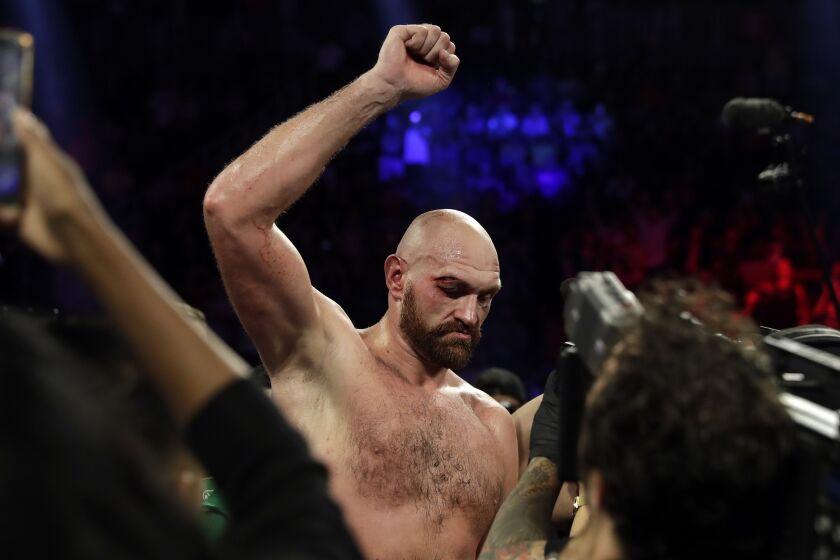 Tyson Fury, of England, celebrates after defeating Otto Wallin, of Sweden, in their heavyweight boxing match Saturday, Sept. 14, 2019, in Las Vegas. Fury won by unanimous decision. (AP Photo/Isaac Brekken)