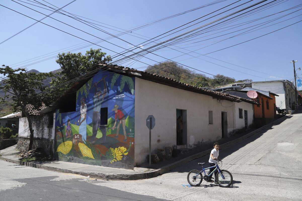 A youth pushes his bike past a mural showing farmers that reads in Spanish "Daily life" in San Jose Las Flores, El Salvador.