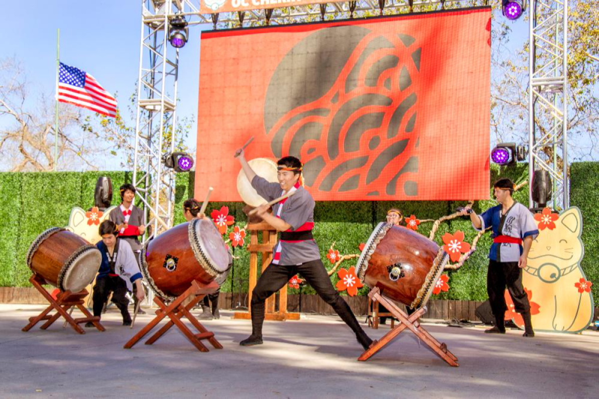 The Senryu Taiko Drummers entertain on the main stage at the 2019 Orange County Cherry Blossom Festival.