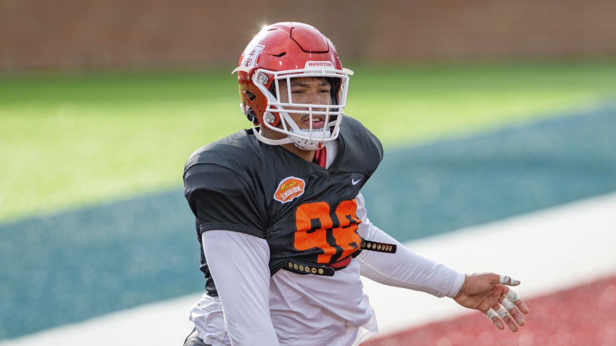 Payton Turner of Houston (runs during the American Team practice for the NCAA Senior Bowl.
