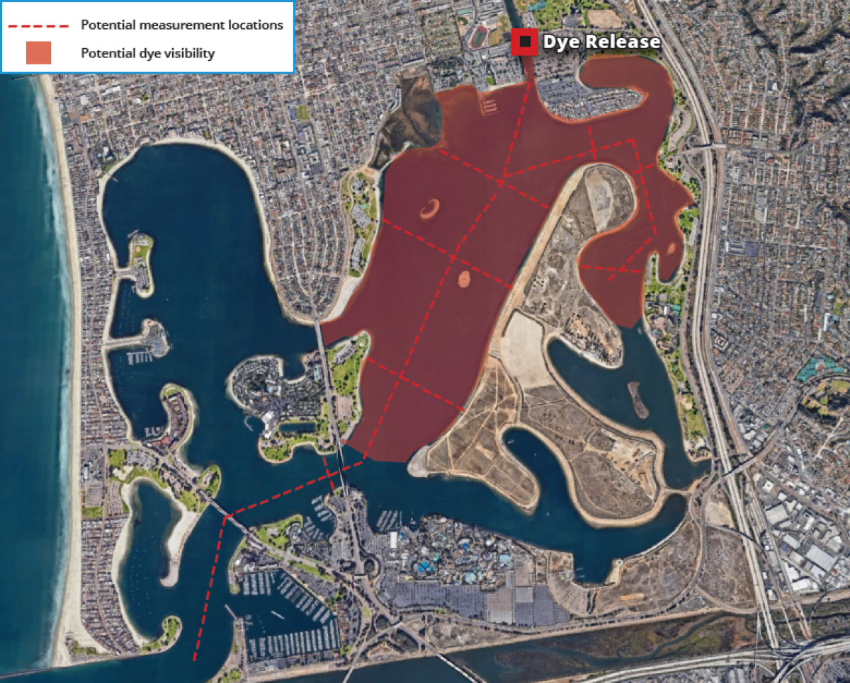 A map predicts where red dye will be visible in Mission Bay this week.