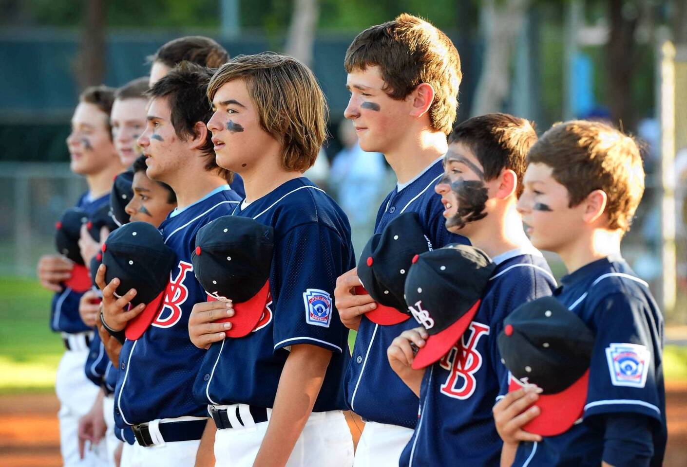 The Newport Beach Little League Major Division All-Stars team at the start of the District 55 semifinal game against Aliso Viejo at Saturday.