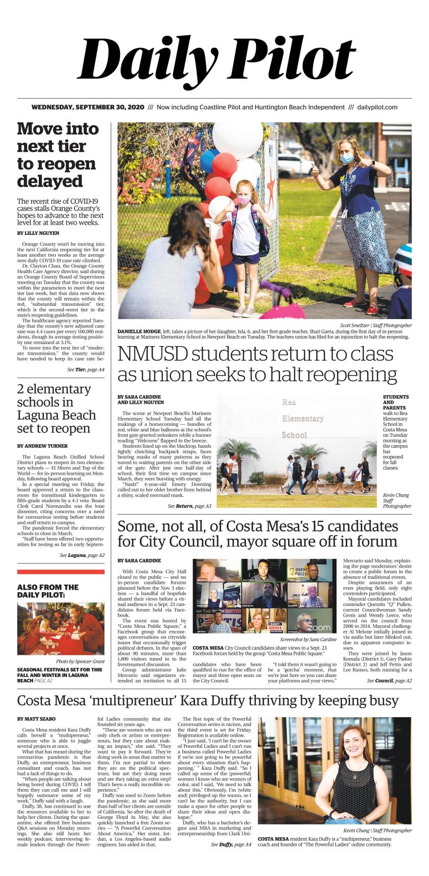 Wednesday's Daily Pilot cover.