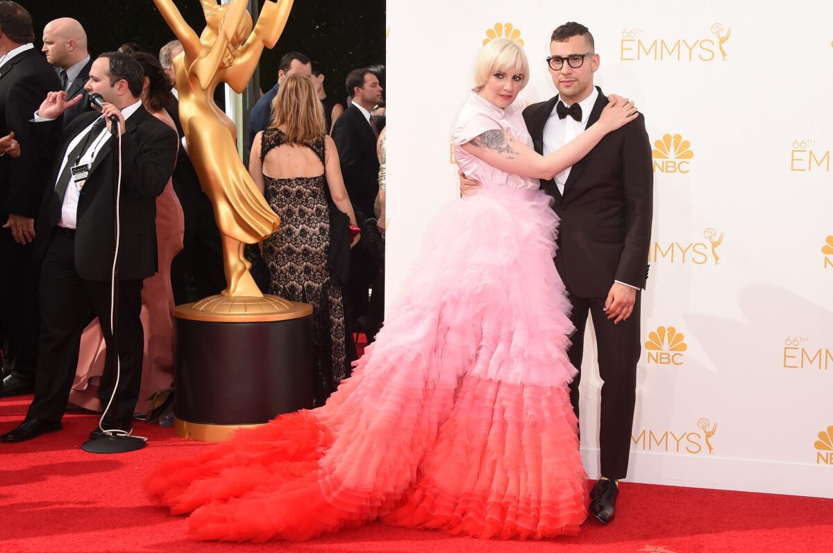 Lena Dunham and musician Jack Antonoff attend the Emmy Awards at the Nokia Theatre on Aug. 25.