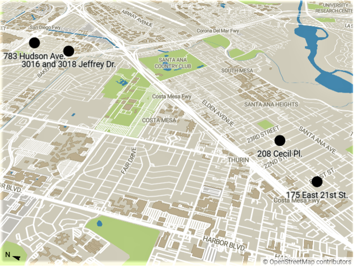 A map showing the location of five former sober living homes whose operators sued the city for discrimination in 2018.
