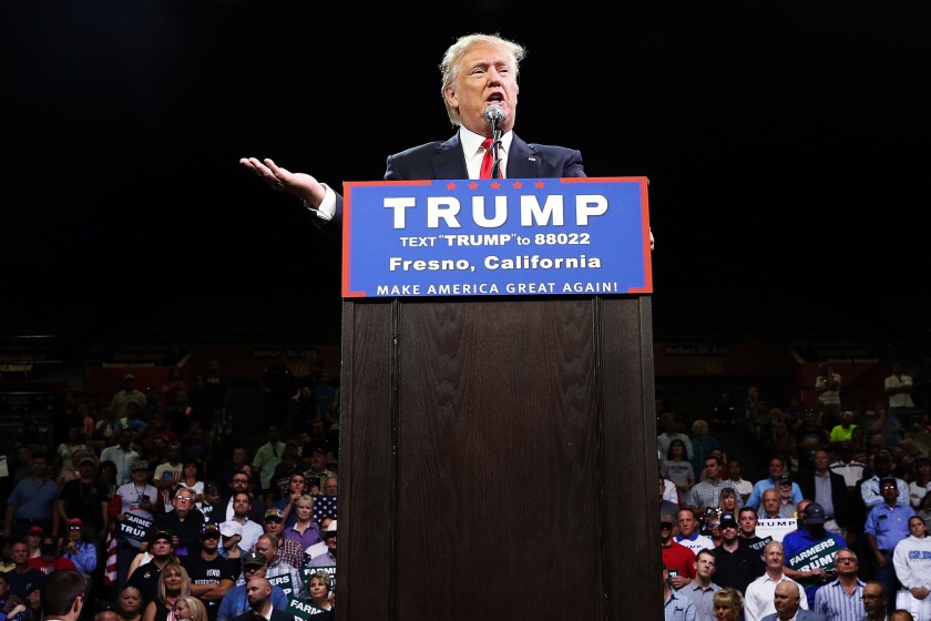 Republican presidential candidate Donald Trump speaks at a rally in Fresno on May 27.