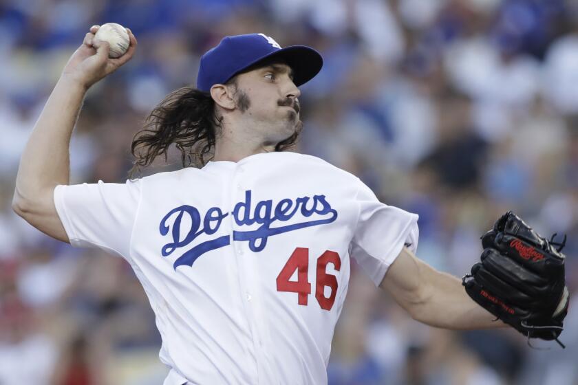 LOS ANGELES, CA -- AUGUST 05, 2019: Dodgers pitcher Tony Gonsolin made his game debut against the St. Louis Cardinals Monday. (Myung J. Chun / Los Angeles Times)
