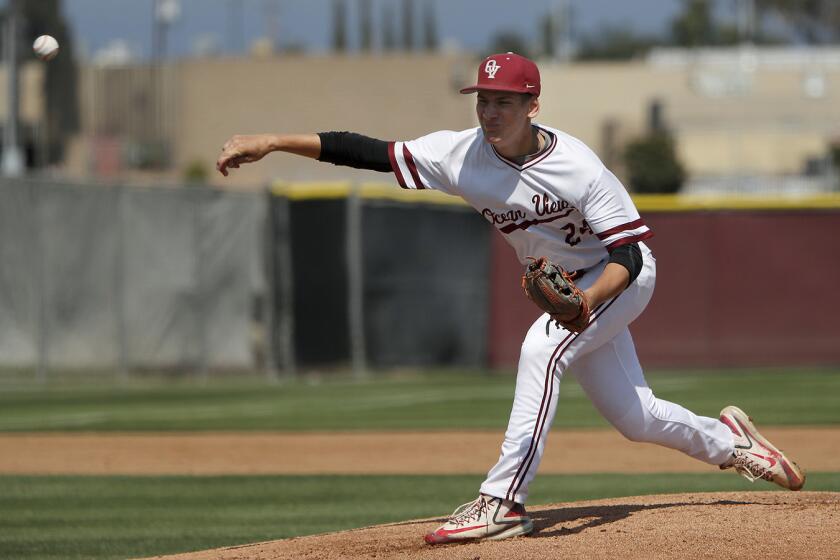 Ocean View High starter Sheldon Knowles pitches against Fontana Jurupa Hills during the first inning in the second round of the CIF Southern Section Division 3 playoffs at home on Tuesday, May 7, 2019.