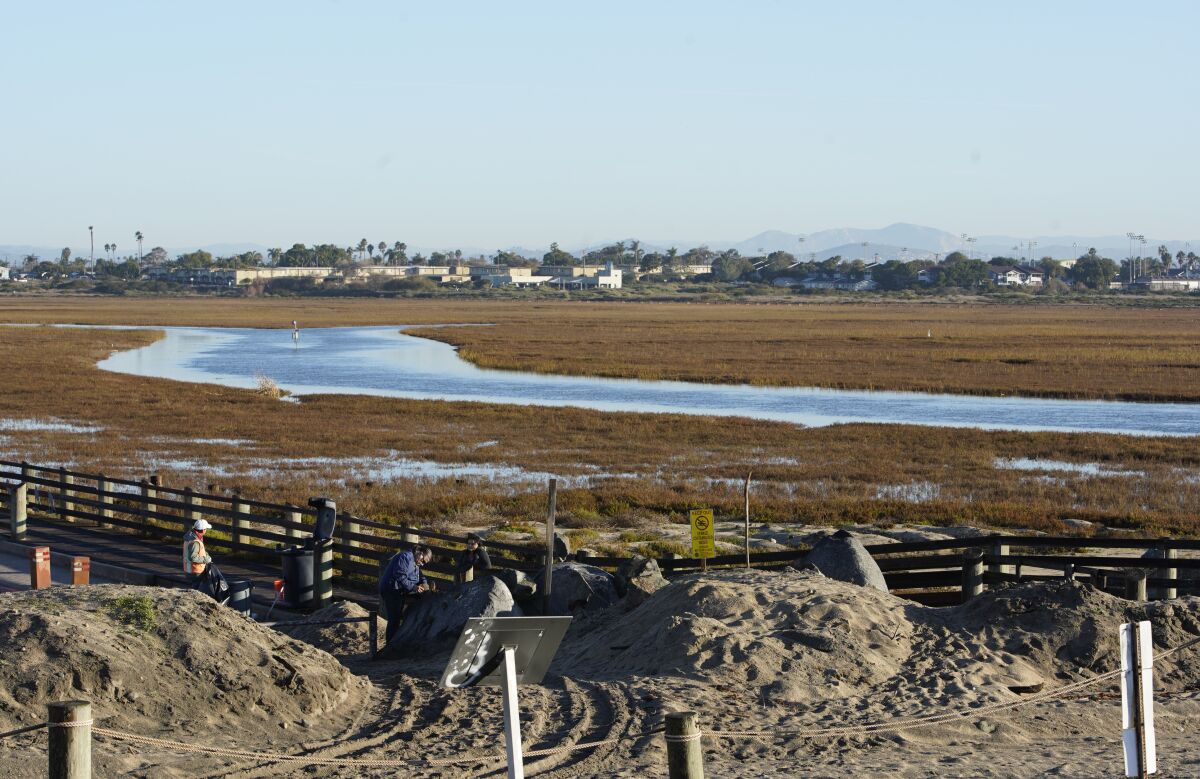 The Tijuana River National Estuarine Research Reserve floods during the morning high tide in this 2019 photo.