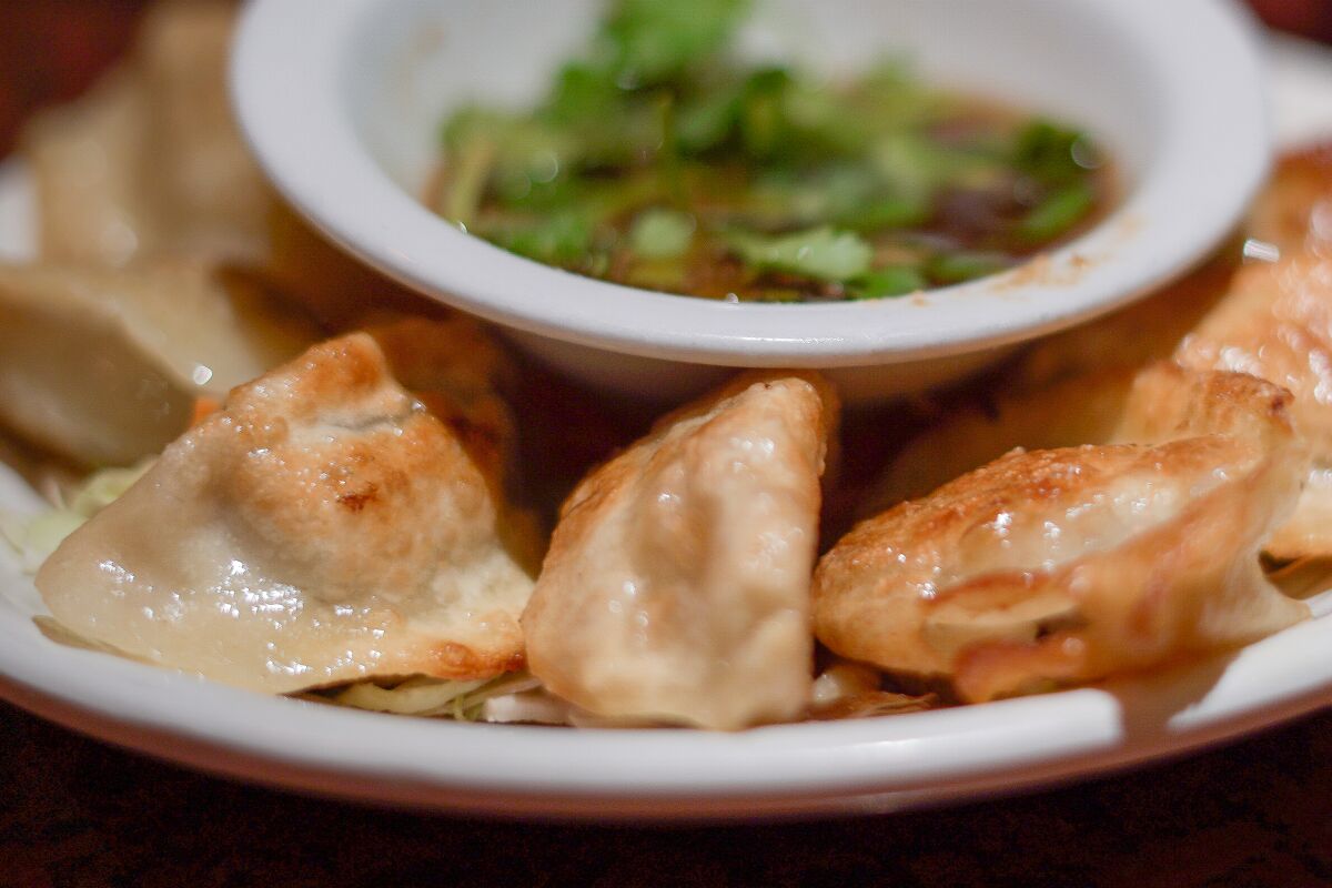Pan-fried dumplings on a plate surrounding a small bowl of dipping sauce.