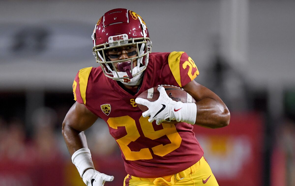 USC running back Vavae Malepeai runs after making a catch against Fresno State in the Trojans' season opener last month.