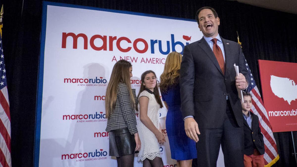Republican presidential candidate Sen. Marco Rubio of Florida at a caucus night party in Des Moines.