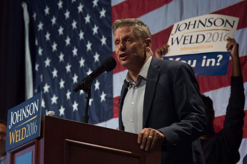 Libertarian presidential candidate Gary Johnson speaks to supporters at a rally this month in New York.