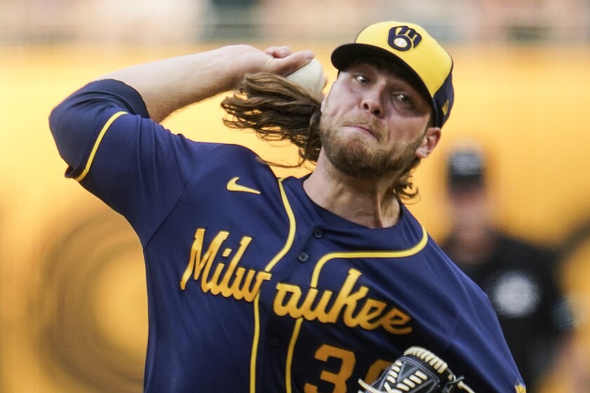 Milwaukee Brewers starter Corbin Burnes pitches against the Pittsburgh Pirates.