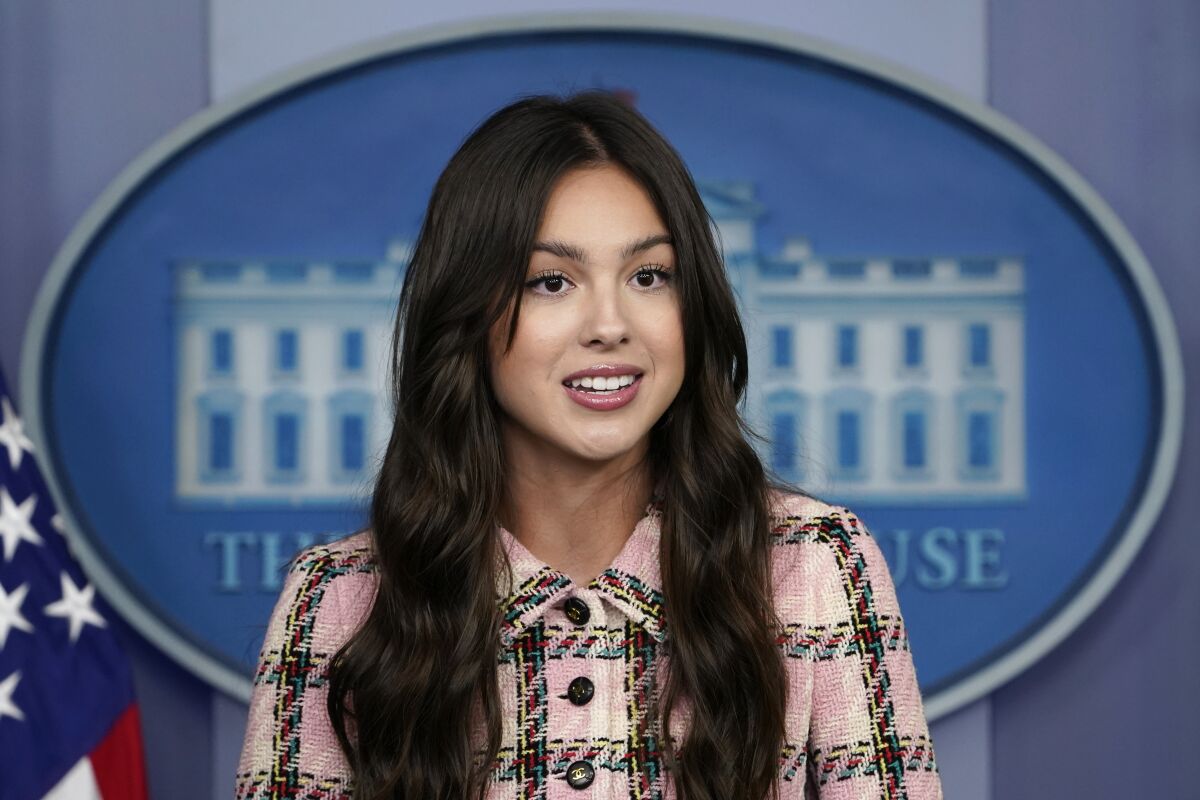 Teen-pop star Olivia Rodrigo speaks at the beginning of the July 14 daily briefing at the White House