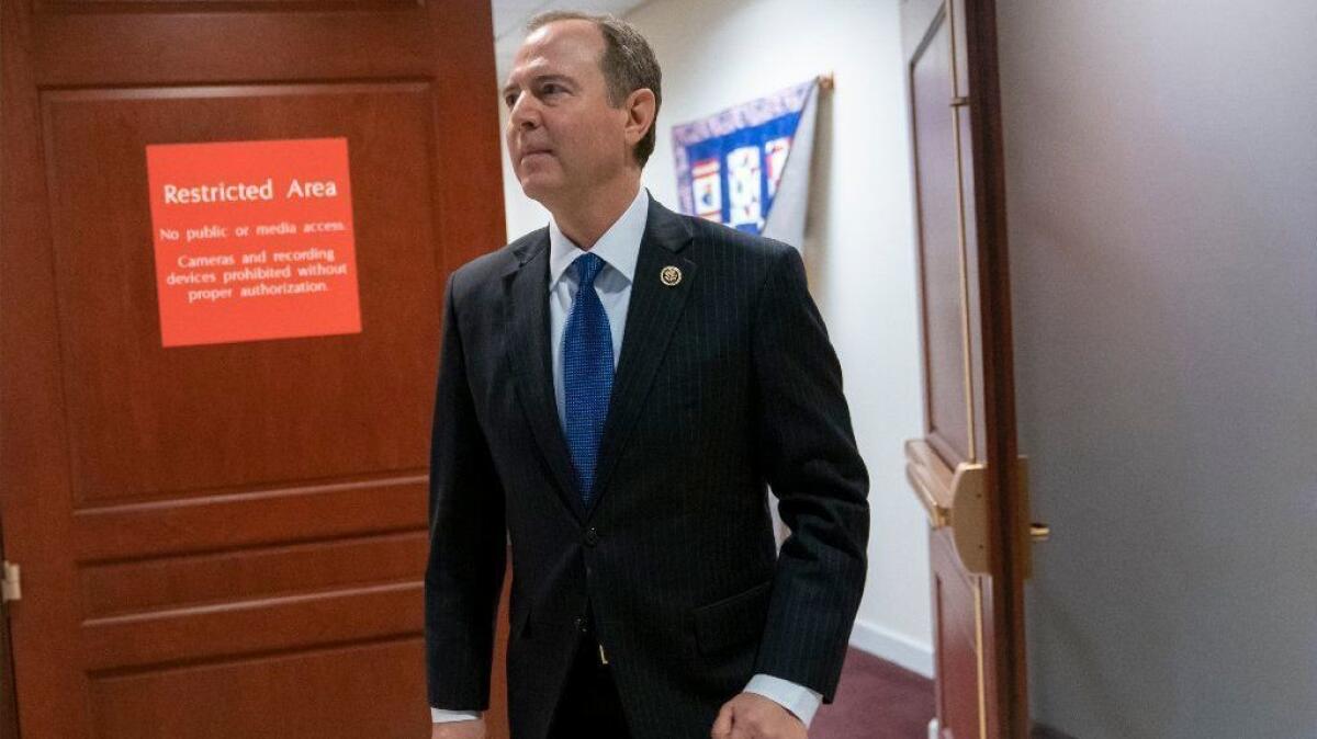 House Intelligence Committee Chairman Adam Schiff exits a closed session on Capitol Hill on Feb. 6.